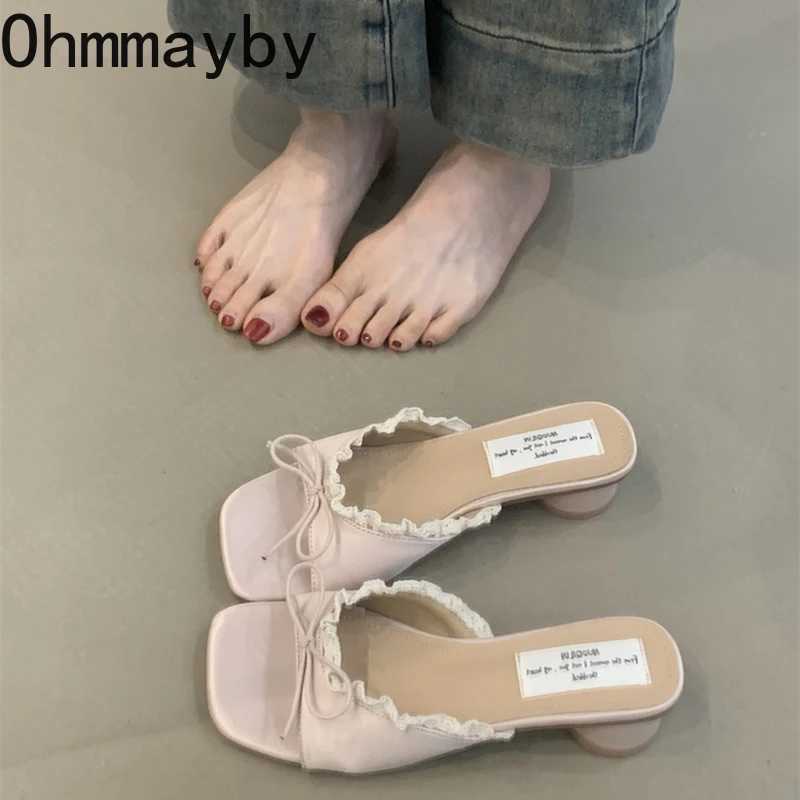 Designer Summer Butterfly-knot Lace Women Slippers Casual Thick Low Heel Dress Street Style Slides K260311