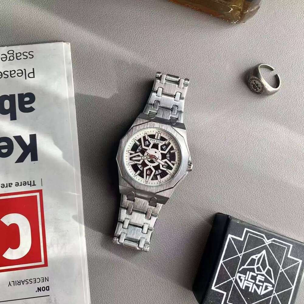 Men's Fashionable Mechanical Style Skeleton Octagonal Calendar Quartz Watch with Steel Bracelet Unisex Timepiece Men gift