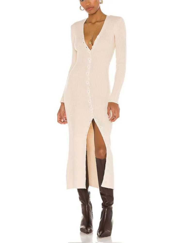 Sexy V-Neck Knitted Long Dress For Women Fashion Casual Elegant Bodycon Button Solid Color Long Sleeve Party Beach Maxi Dresses M260311
