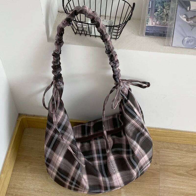 Autumn Vintage Plaid Shoulder Bags for Women Large Capacity Ladies Underarm Crossbody Bag Casual Girls Drawstring Tote Handbag XJ260311