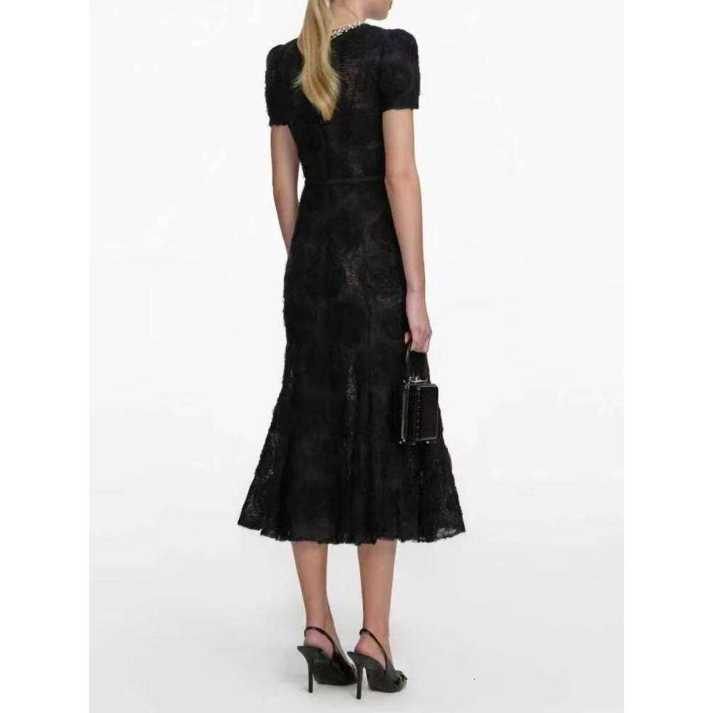 Summer New Fashion Black Rose Flower Lace Dress Women Elegant Round Neck Short Sleeve Fishtail Robe With Belt Ladies Mdng260311