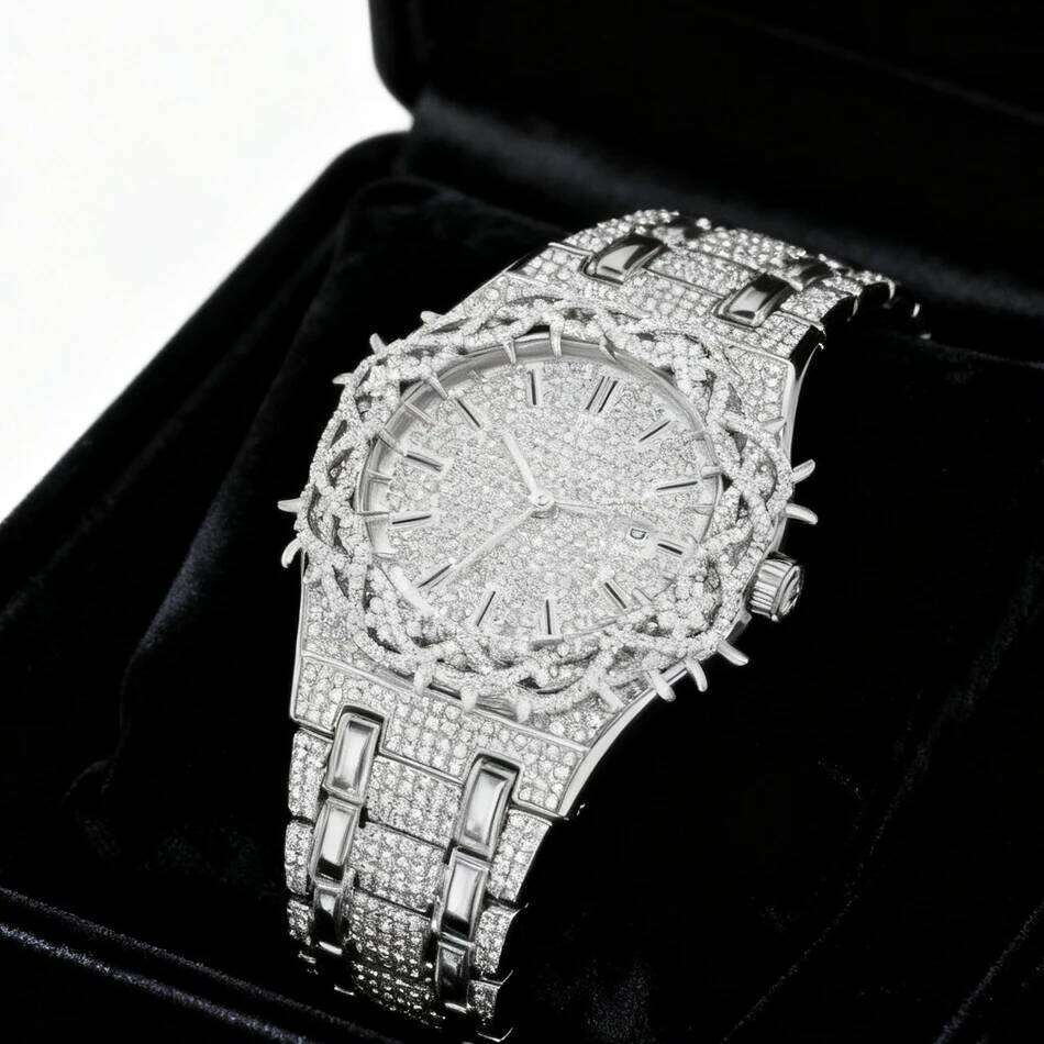PINTIME Hot Fashion Full Diamond Watches Men Brand Hip Hop lced Qut Bling Jewelry Flower Quartz Wristwatch For Man Dropshipping