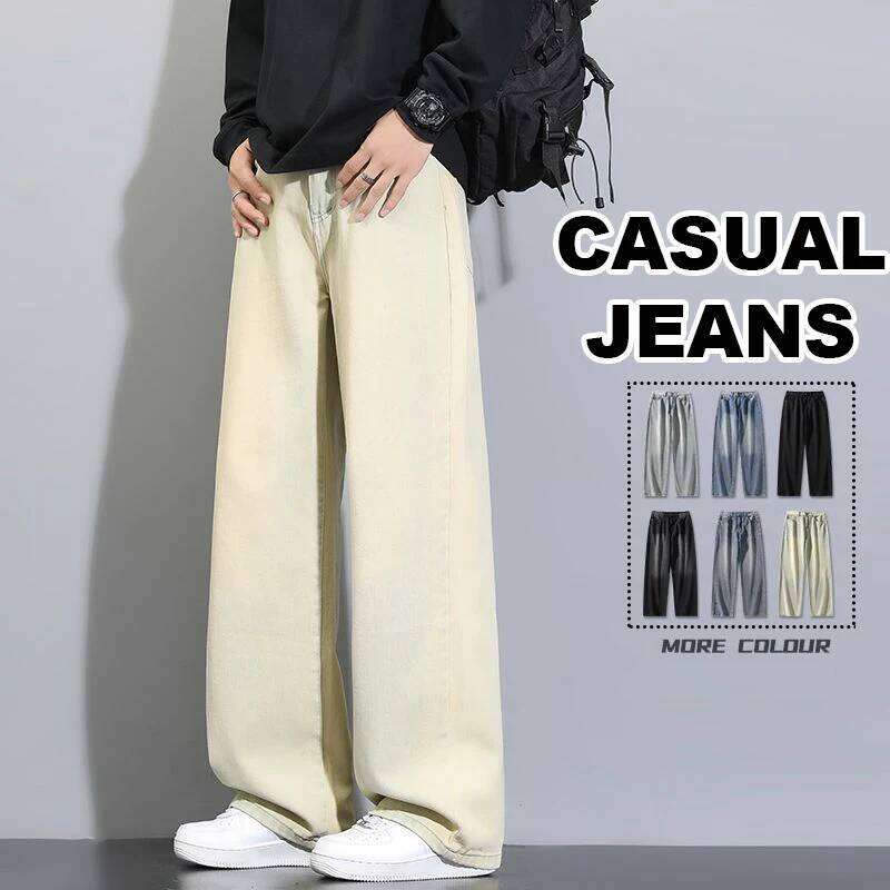 Men's Wide Leg Jeans Vintage Washed Denim Pants Loose Fit Baggy Male Trousers Multiple Colors for Streetwear Casual Daily Wear Z260225