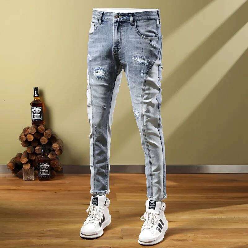 2024 Spring and Autumn Fashion Ripped Straight Stretch Jeans Men's Casual Slim Comfortable High Quality Small Feet Pants 28-36 Z260225