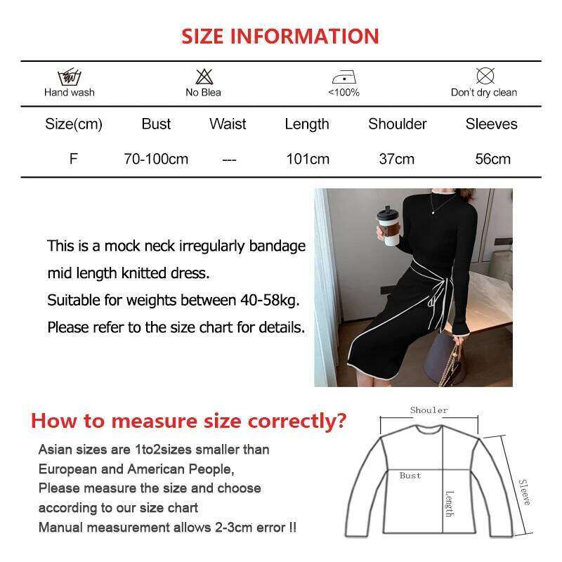 ITOOLIN Women Office Mock Neck Irregular Knit Vintage Mid-Length Bandage Slim Bottom Long Sleeve Sweater Dress Z260311