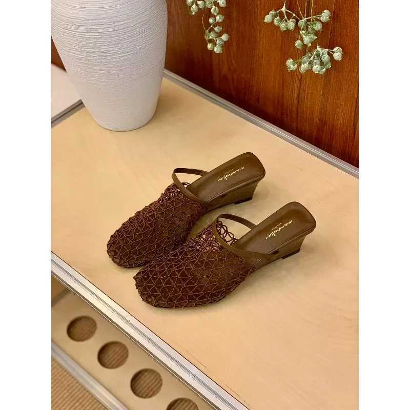 Niche Fishing Net Woven Hollow Sandals for Women in Summer 2025 New Style with Skirt Block Heel Square Toe Muller Semi-slippers K260311