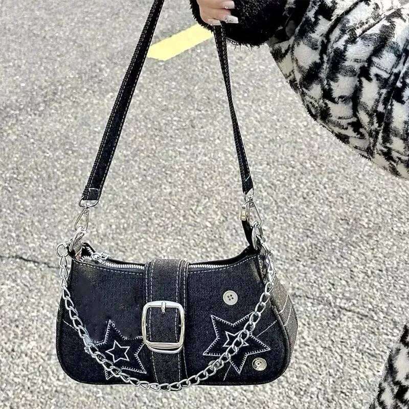 Y2k Stars Women's Popular Retro Cool Girls Underarm Bag Canvas Female Small Shoulder Bags Chain Tote Purses Fashion XJ260311
