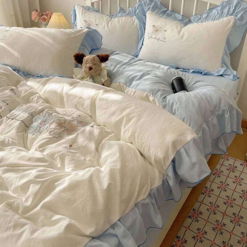 2025 new lace embroidery small fresh and cute girl heart four-piece set washed cotton summer sheet quilt cover bed hat H260311