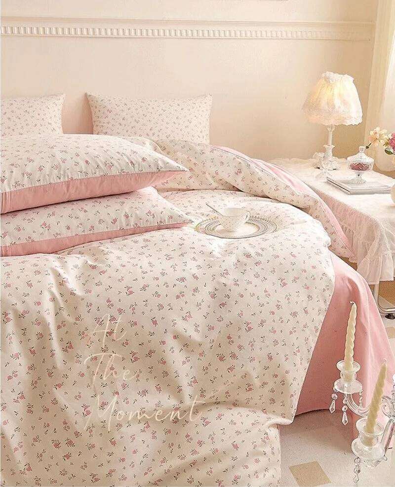 Ins Floral Bedding Set Girl Favorite Pink Single Double Queen Size Duvet Cover No Filler Flat Sheet Pillowcase Home Bed Linens H260311