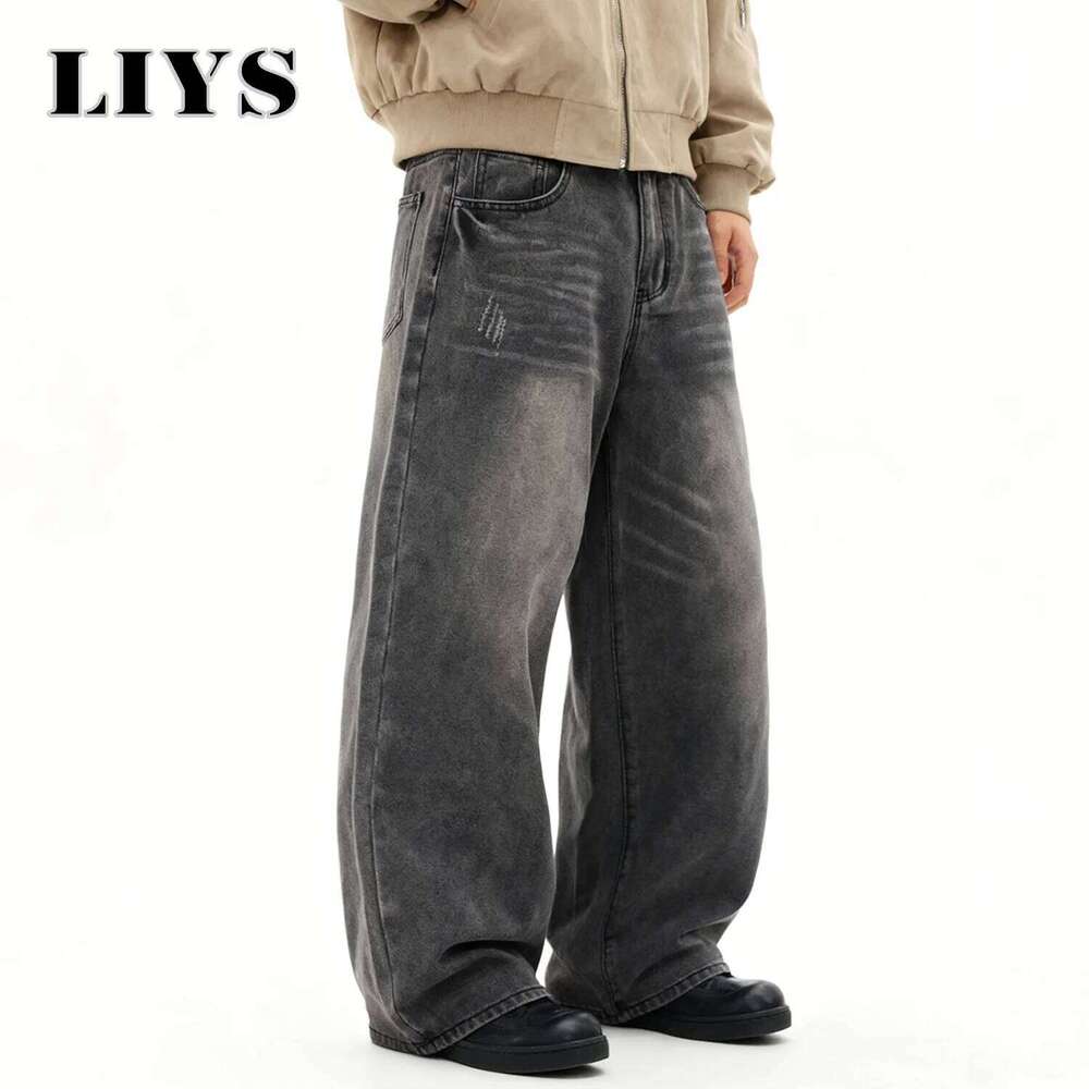 American Retro Gray Loose Wide Jeans Daily Business Casual Baggy Straight Leg Denim Pants Autumn Winter Men's Clothes Z260225