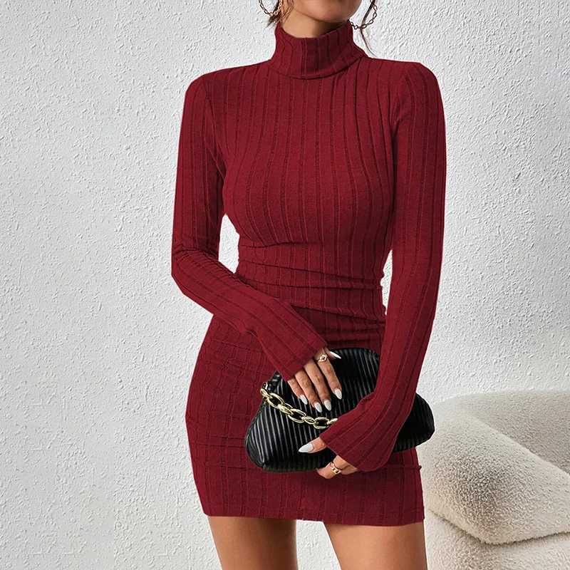 Autumn Winter New Dresses Women Long Sleeves Turtleneck Solid Sexy Bodycon Sheath Mini Dress Club Elegant Party Knitted Dresses M260311