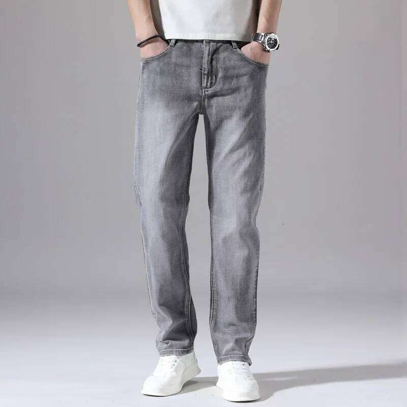 Cotton Stretch Business Casual Men's Thin Denim Jeans Grey Spring Summer Brand New Fit Straight Lightweight Z260225