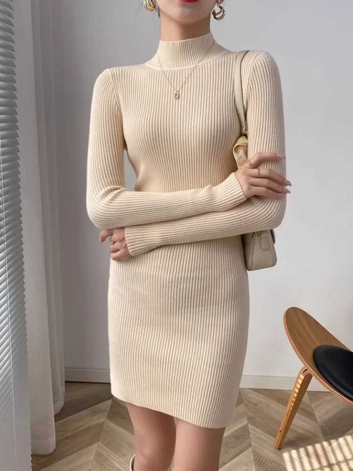 Mock Neck Mini Slim Sweater Dress Women Long Sleeve Knit Sexy Bodycon Dress Basic Casual Dress Women Autumn Winter M260311