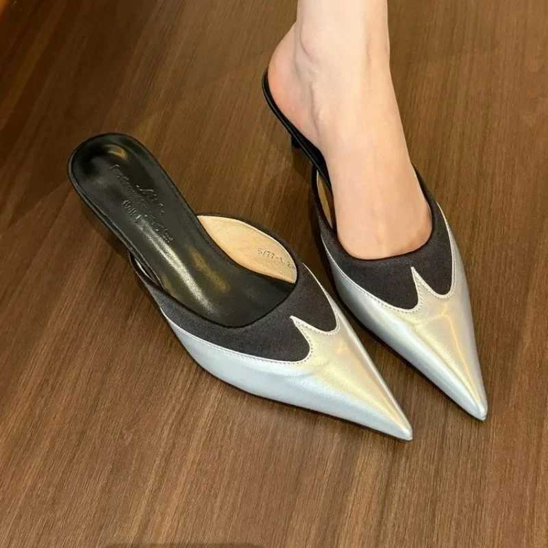 Elegant pointed stitched heart-shaped high heels mule womens 2025 silver black brown shoes designer high heels K260311