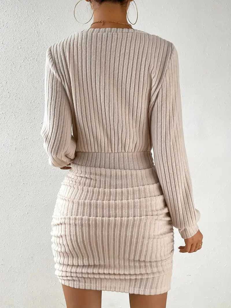 Womens 2025 Fall Winter Ribbed Knit Sweater Dress Casual Long Sleeve Sexy V Neck Bodycon Mini Dress M260311