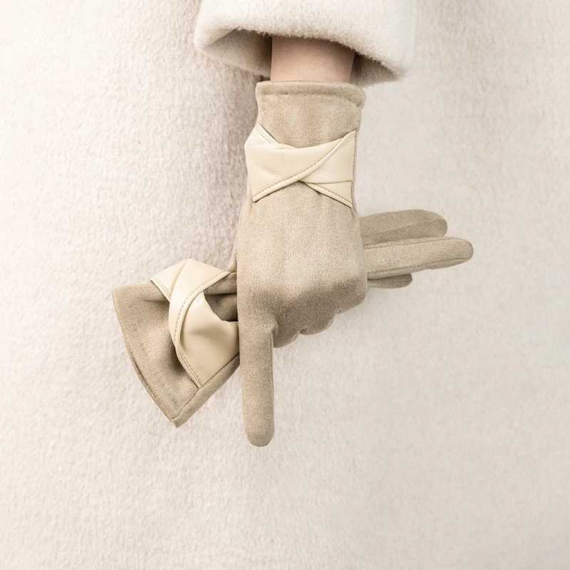 1Piar Warm Gloves With Velvet Suitable For Women To Use In Winter Touch Screen Elegant Bow Accessories Mountaineering Gloves M260311