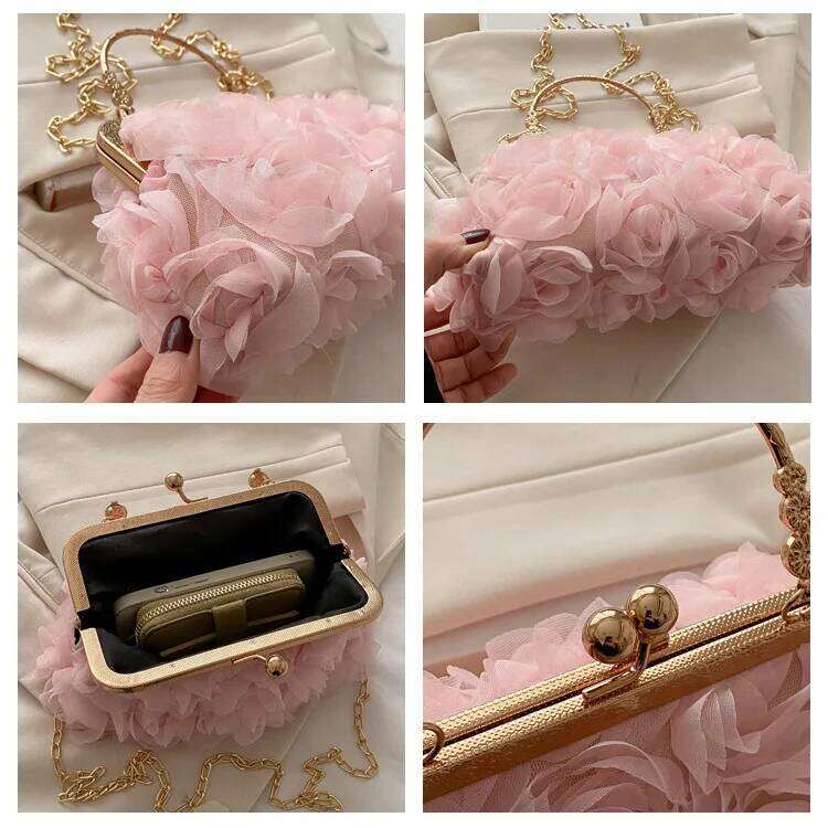 Chiffon Rose Flower Shoulder Evening Bags for Women Luxury Ladies Chain Crossbody Bag Solid Color Female Clutch Handbags Purse XJ260311