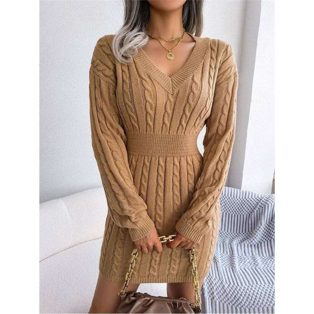 New Fashion Autumn Winter Bodycon Pencil Women Slim Fit Cable Knit Long Sleeve Sweater Sexy V Neck Club Party Dress Z260311