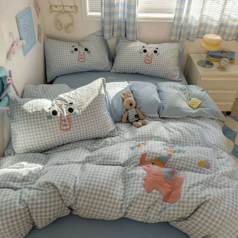 2025 new student cartoon washed cotton towel embroidered three or four-piece set bed sheet quilt cover mattress bedding H260311 - view 7