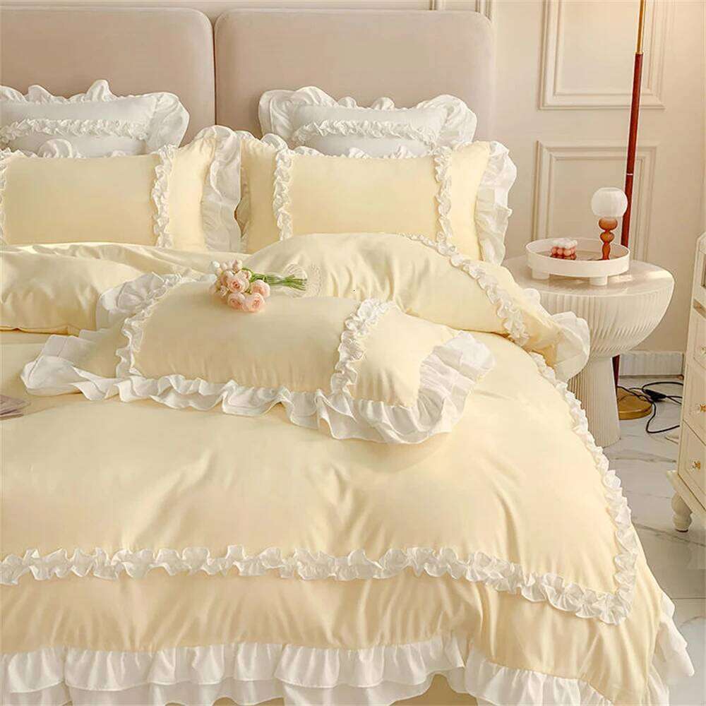 Elegant Lace Bedding Sets Linen Korean Princess Style Washed Cotton Ruffle Duvet Cover Bed Sheet Pillowcases for Girl H260311