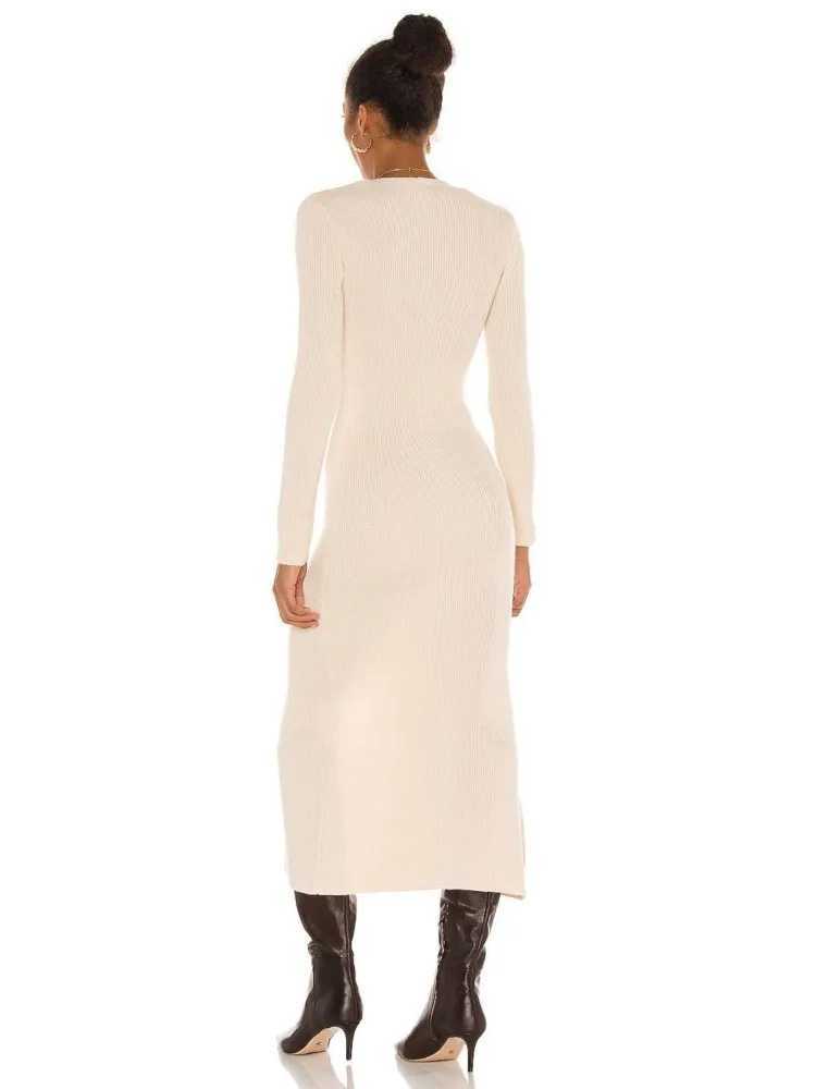 Sexy V-Neck Knitted Long Dress For Women Fashion Casual Elegant Bodycon Button Solid Color Long Sleeve Party Beach Maxi Dresses M260311