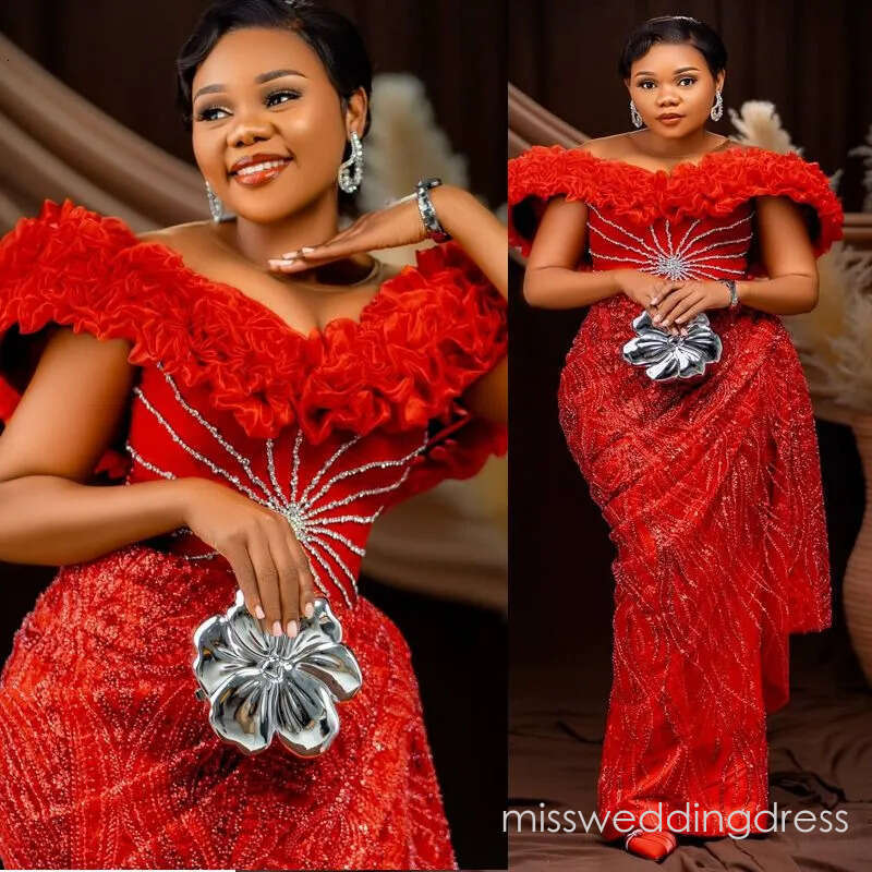 2026 Plus Size Red Prom Evening Dresses Formal Gowns Illusion Beaded Lace Off Shoulder Flora Floor Length Birthday Dress Second Reception Gown AM2890