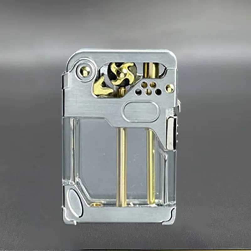 Armor Wind and Fire Wheel Transparent Oil Tank High end One click Launch Ignition Windproof Fuel Oil Lighter Safety Lock N260311