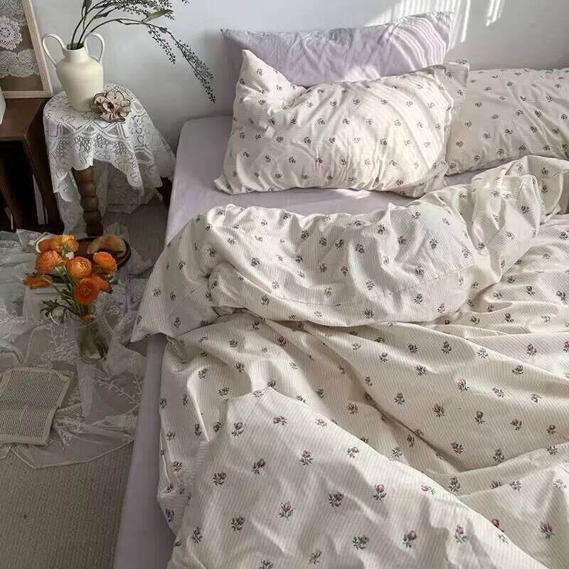 Ins Korean Pastoral Flower Bedding Set Purple Flat Sheet Pillowcase Twin Full Queen Size Bed Linen Women Girls Duvet Cover H260311