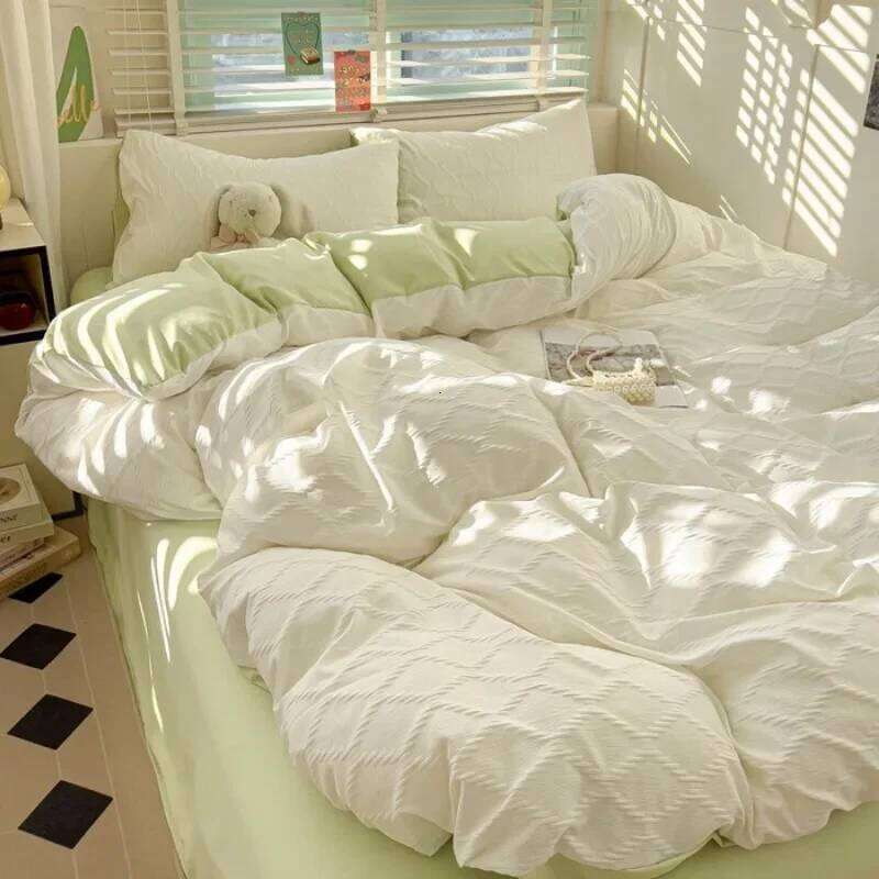 seersucker bed sheet four-piece set washed cotton skin-friendly and comfortable rhombus solid color quilt cover H260311 - view 5