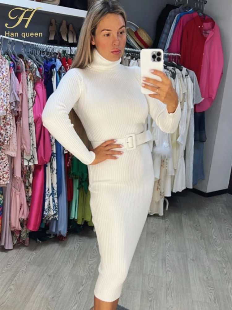H Han Queen Knitted Turtleneck Sweater Bodycon Dress Bottoming Women Soft Elastic Autumn Winter Midi Party Dresses With Belt M260311