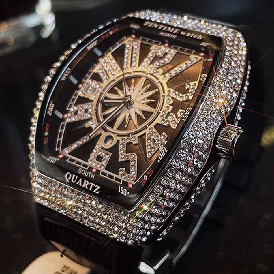 Cool Gentleman's Watch Men's Quartz Wristwatch Leather Strap Luxury Black Timepiece Diamond-Set Large-Dial Arabic Numerals