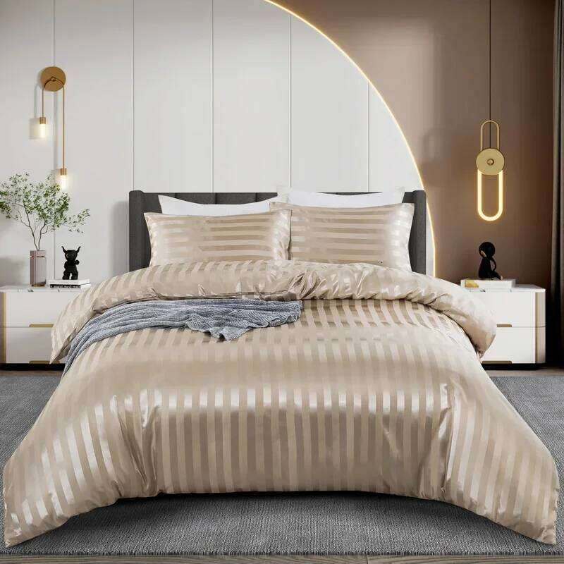 Satin Striped Twin/Full/Queen/King/Single/Double Size Set, Silky Like Khaki Stripe Duvet Cover Bedding Set H260311