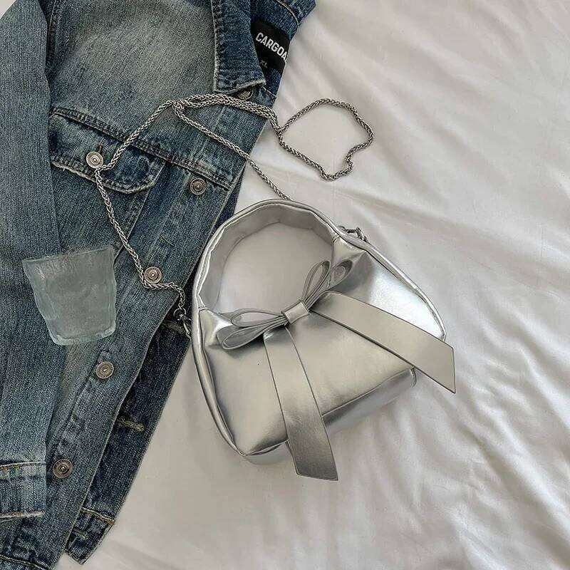Cute Bows Handbag for Women Solid Pu Leather Small Commute Handle Bags Lady Casual All-matched Chain Shoulder Pack Party Purse XJ260311