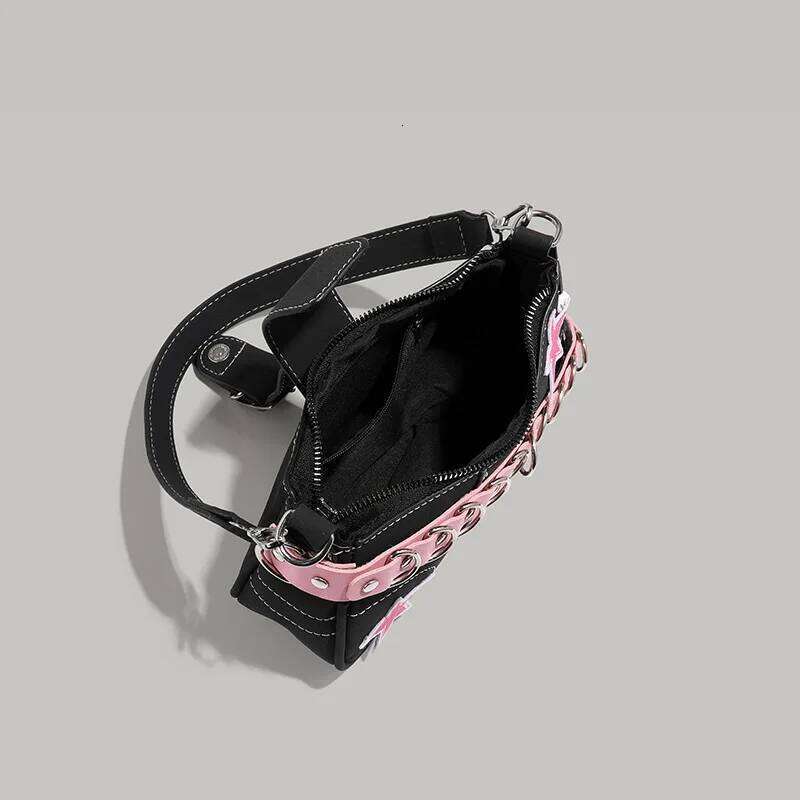 Y2K Hot Girl Black & Pink Star Tote Shoulder Edgy Studded Strap Retro Underarm Bag Sweet-Cool Aesthetic for Trendy Daily Use XJ260311