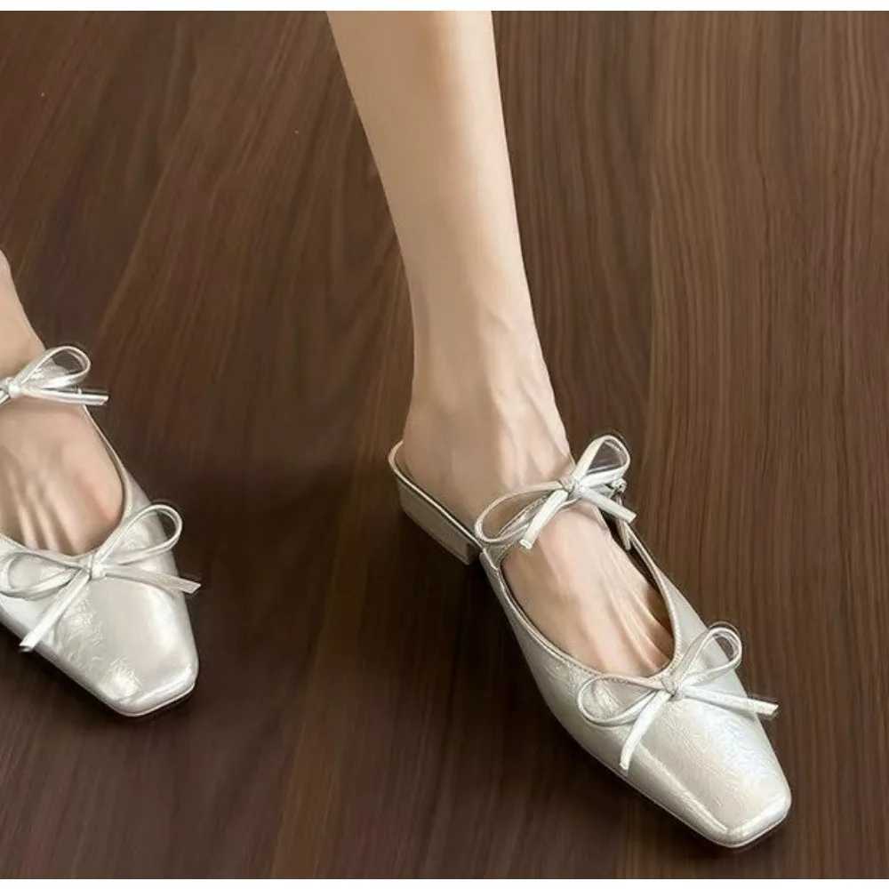 Summer and Autumn New Fashion Korean Version Half-drag Bow Ballet Shoes Small Man Satin Face One-word with Wrap Toe Single Shoes K260311