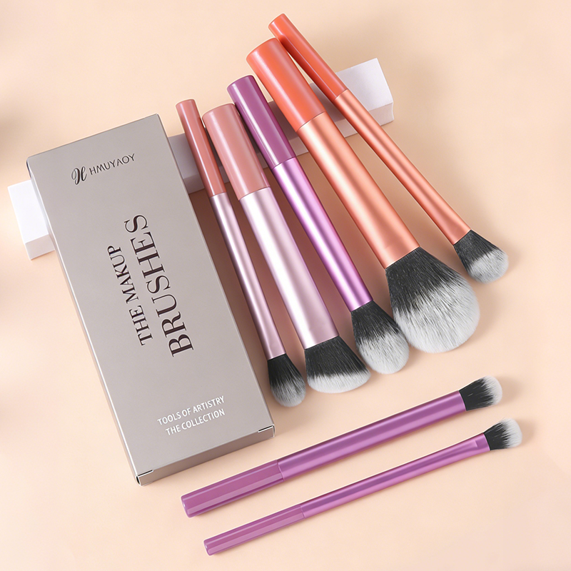 8-piece high-end daily essential makeup brush set, colorful long handles, resin short handles, thick aluminum tubes, soft and skin-friendly synthetic 