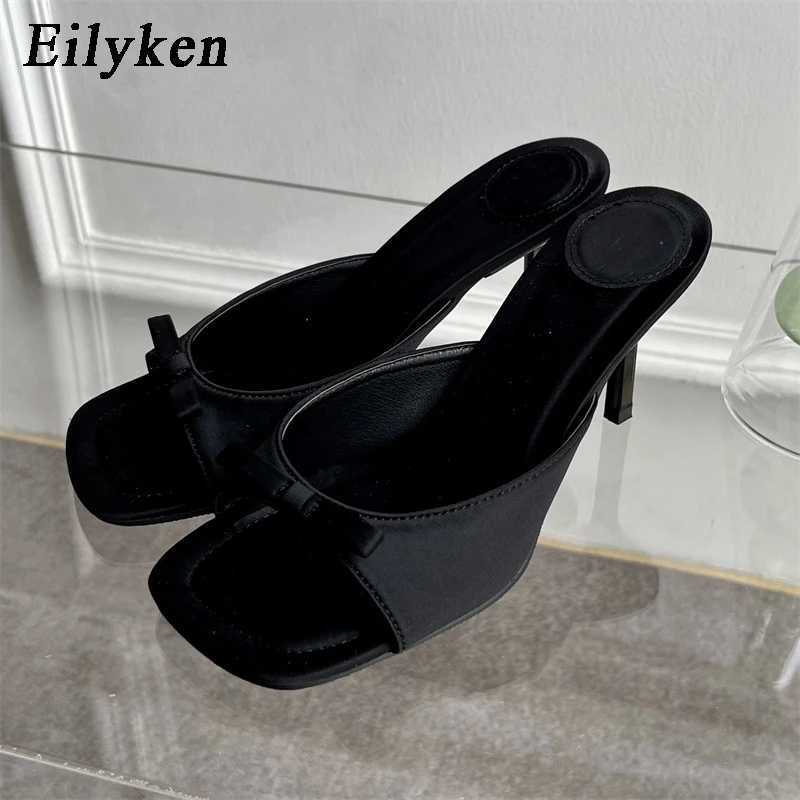 Eilyken Summer Fashion Butterfly-knot Satin Women Slipper Slip On Ladies Sandal Thin High Heel Outdoor Dress Slides Shoes K260311