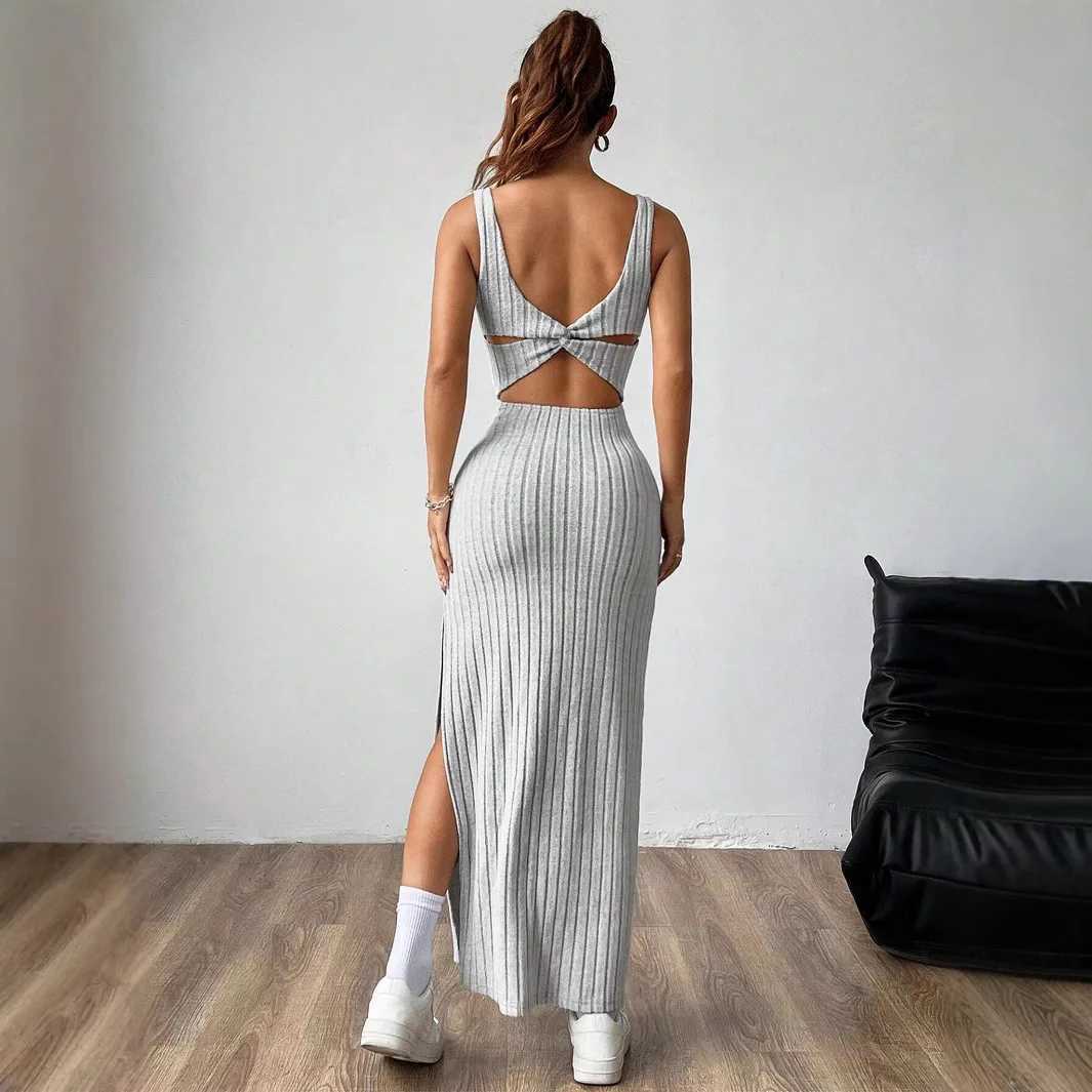 Elegant Slim Knitted Dresses Women New Sexy Hollow Out Backless Bodycon Long Dress Streetwear Fashion Casual Solid Lady Dress M260311