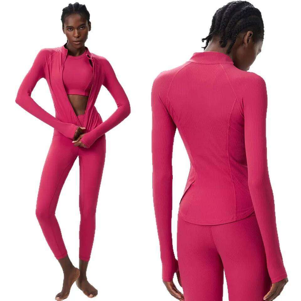 3pcs Fitness Yoga Set Women Solid Color Ribbed Gym Suit Long Sleeve Running Sportswear Female Breathble Workout Clothes 26H0311
