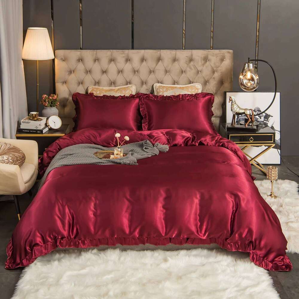 3PCS Satin Duvet Set Silk Rose red And Pink Bedding Comforter Cover Ruffle Pattern Silky Bed set Soft H260311