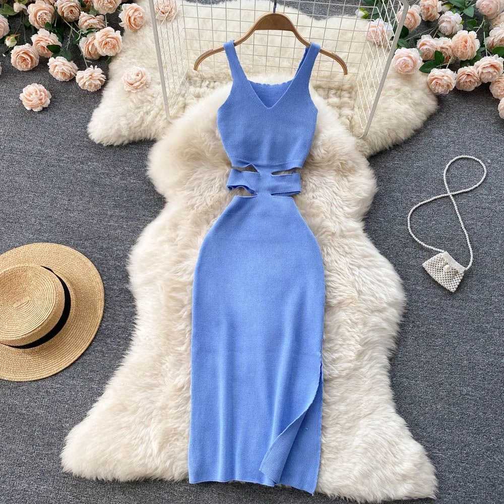 YuooMuoo Women Dress Sexy Cut Out Waist Package Hips Split Bodycon Dress Summer Fashion Lady Knitted Party Vestidos Sundress M260311