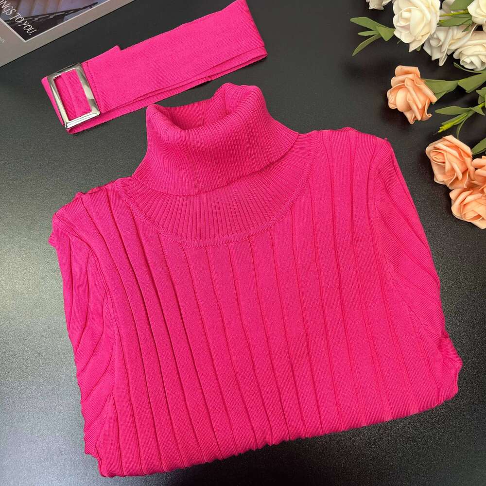 YuooMuoo Chic Fashion Sexy Package Hips Rib Knitted Bodycon 2024 Autumn Winter Turtleneck Belt Sweater Dress Long Vestidos Z260311