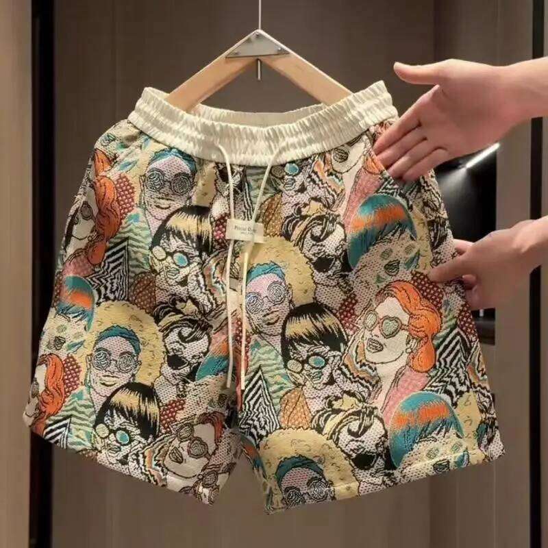 Summer Oversized Men Academy American Vintage Colorful Graffiti Print Couple Five-Point Shorts Short Pants