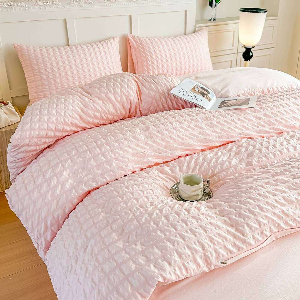 3pcs Pink seersucker Duvet 1*Duvet Cover + 2*Pillowcase, Without Core,pink Bedding Set H260311