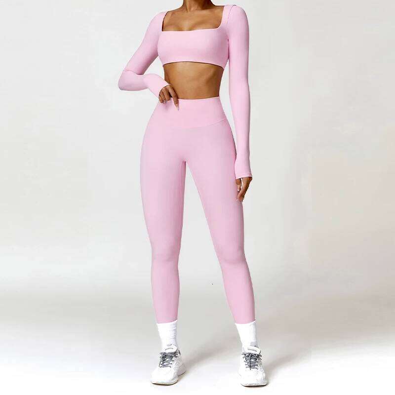 Hearuisavy 2PCS Long Sleeve Gym Set Yoga Clothes Quick-Drying Sportswear Running Leggings Workout Sports Crop Top Women 26H0311