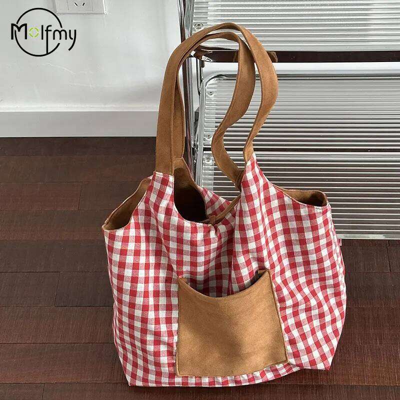 Large Capaci Plaid Canvas Women's Suede Fleece Single College Students Notebook Class Tote Bag Christmas Gifts 2025 XJ260311