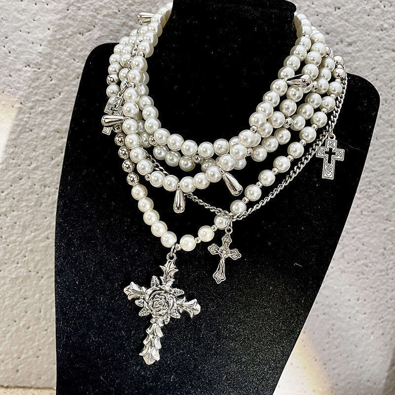 Jewelry Cross Necklace for Women Multi Layer Pearl Beaded Chain Designer Heavy Craft Rose Cross Choker Sweater Chain Trendy Jewelry