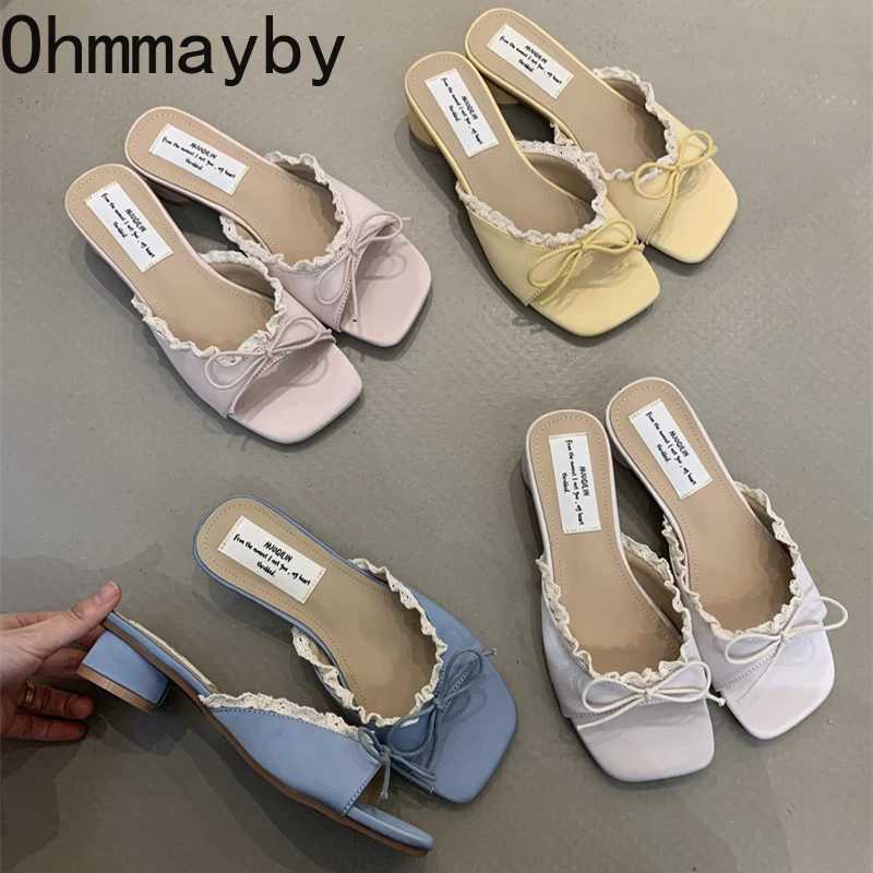 Designer Summer Butterfly-knot Lace Women Slippers Casual Thick Low Heel Dress Street Style Slides K260311