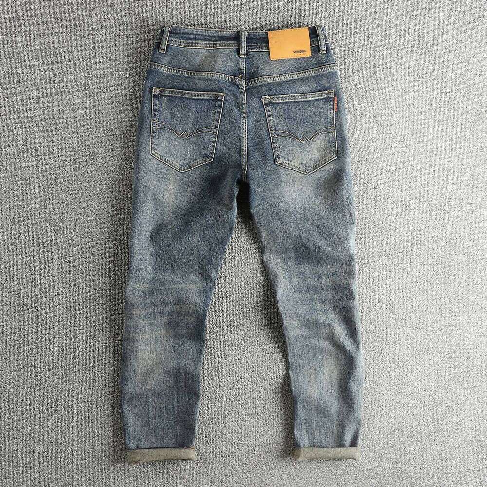 Retro blue wash-fried cat whisker jeans men's high-end custom fabric American fashion brand youth nine-point pants Z260225