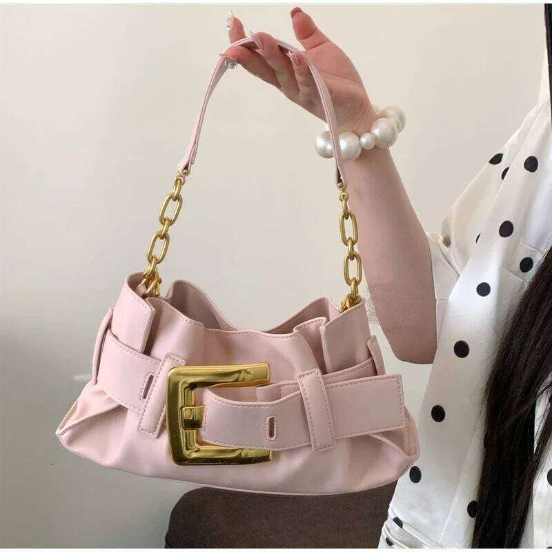 Y2k Belt Buckle Fashion Women's Handbags Pleated Design Cool Girls Underarm Bag Vintage Shoulder Bags Chain Tote Purses XJ260311